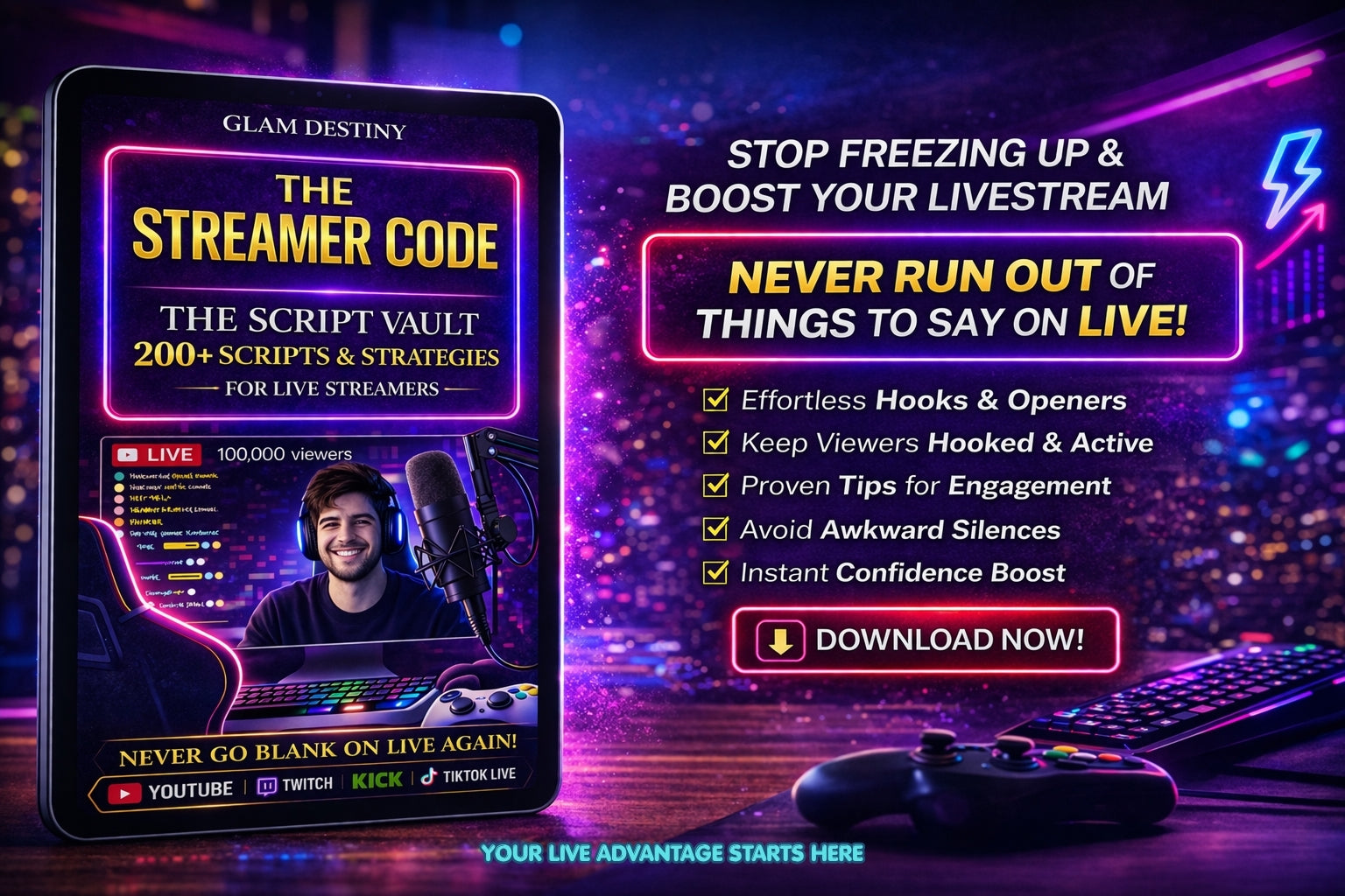 The Streamer Code — streaming tips and word-for-word scripts to never go blank on live stream again